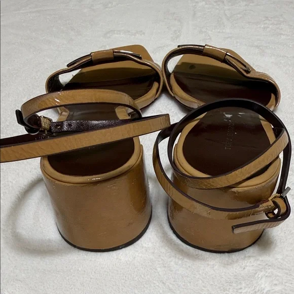 Tory Burch Gigi Tan Leather Ankle-Strap Sandals with Silver Logo Plate - Picture 4 of 7